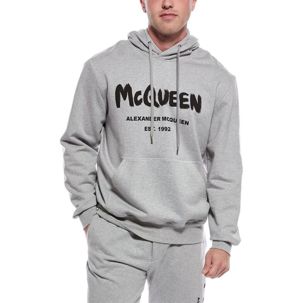 Alexander Mcqueen Mens  Jersey Graffiti Print Hoodie, Grey